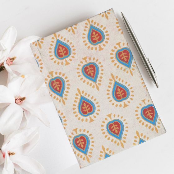 Handcrafted Pocket Diary – White Base with Blue & Red Heart Floral Print | 4x6 Inches | Eco-Friendly SHG Product