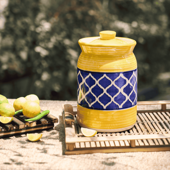 Khurja Pottery Pickle Jar – Yellow with Blue Lining, 7.5 Inches