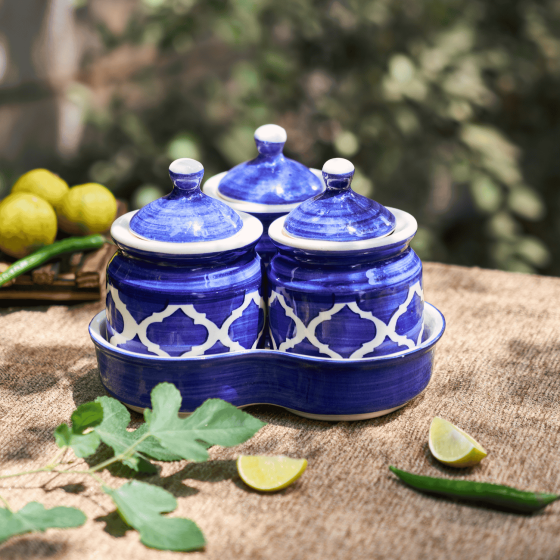 Khurja Pottery Jar and Tray Set | Home Decor | Handmade Ceramic Handicraft | Interior Room Decor | Blue