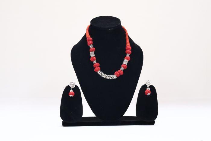 Elegant Cotton Neckpiece with Red Dori & Pipe Beads | Handcrafted Charm