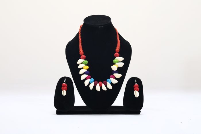 Handcrafted Sea Shell Necklace with Red Cotton Dori | Coastal Charm