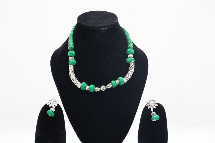 Silver-Toned Necklace with Pipe Beads & Green Thread Dori | Handcrafted Artisan Jewelry